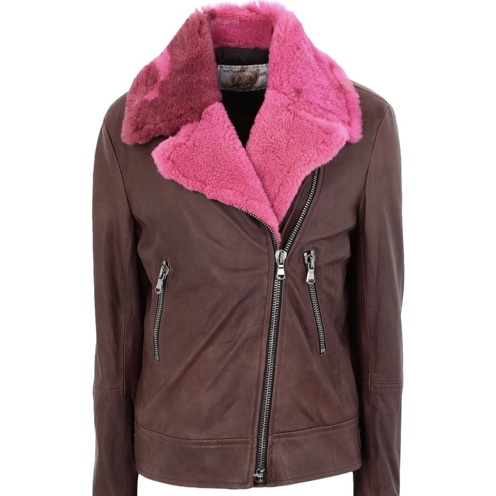 Vintage Deluxe 100% Percent AUTHENTIC leather Jacket with Hot Pink Real Fur L